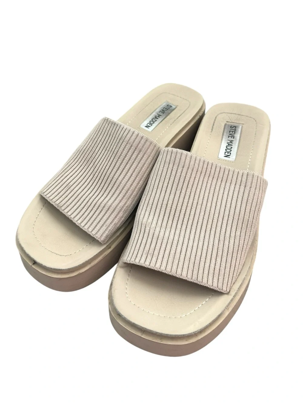 Steve Madden Balanced Natural Ribbed Knit Platform Slide Sandals Size 8.5